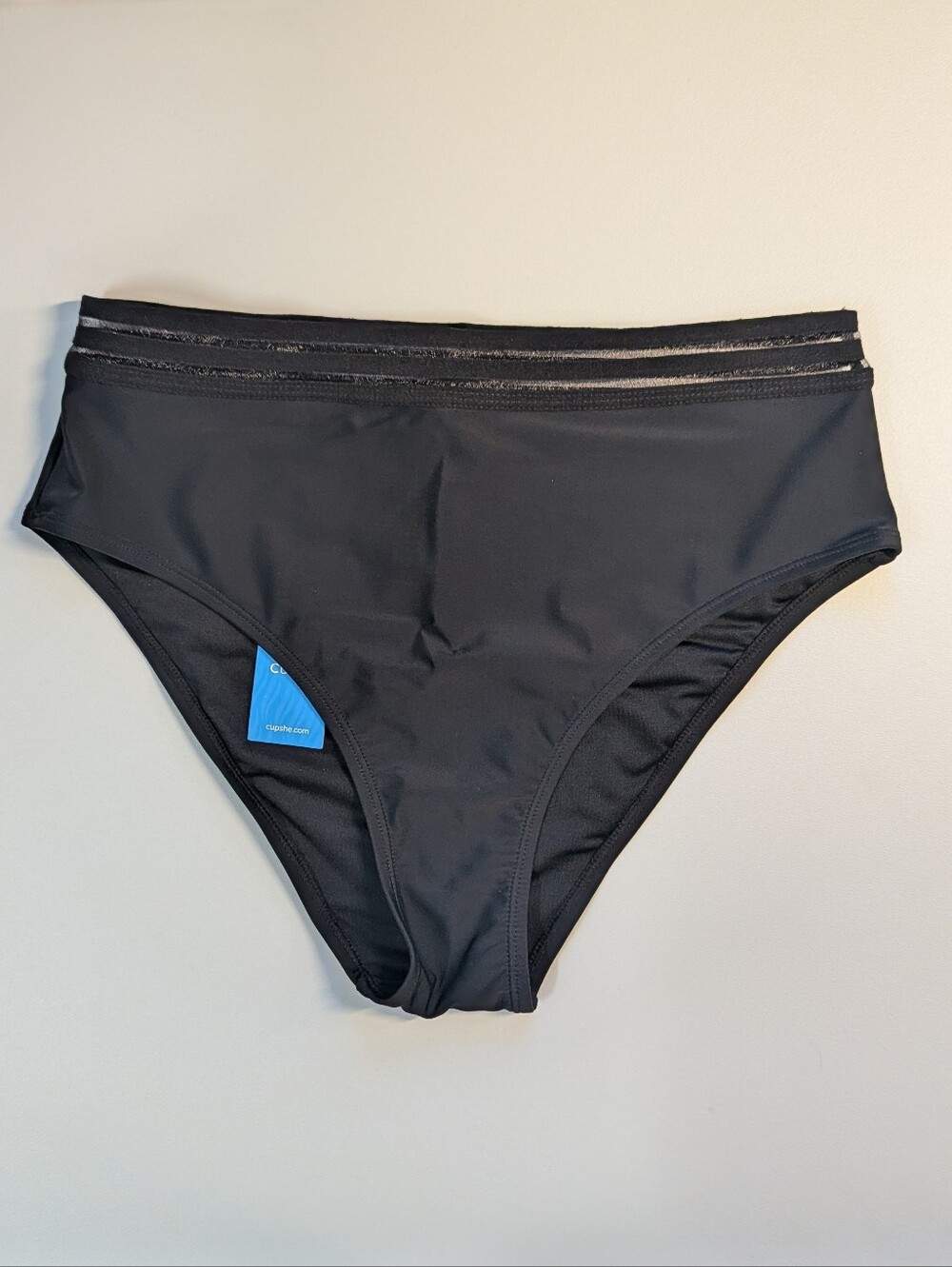 Cupshe Black High-Waist Bikini Bottom with Sheer Waistband